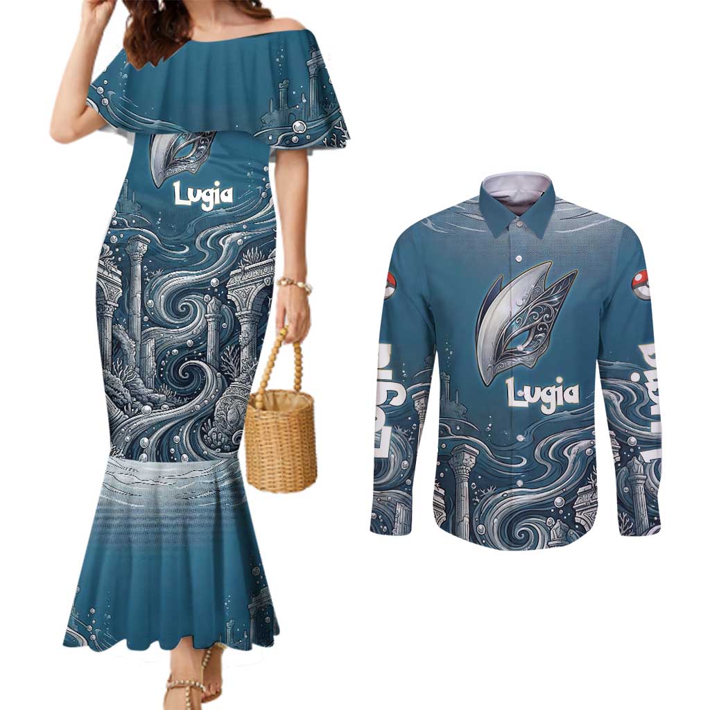 Lugia Legendary Couples Matching Mermaid Dress and Long Sleeve Button Shirt Lugia in the Lost Underwater Temple
