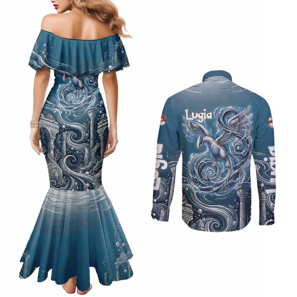 Lugia Legendary Couples Matching Mermaid Dress and Long Sleeve Button Shirt Lugia in the Lost Underwater Temple