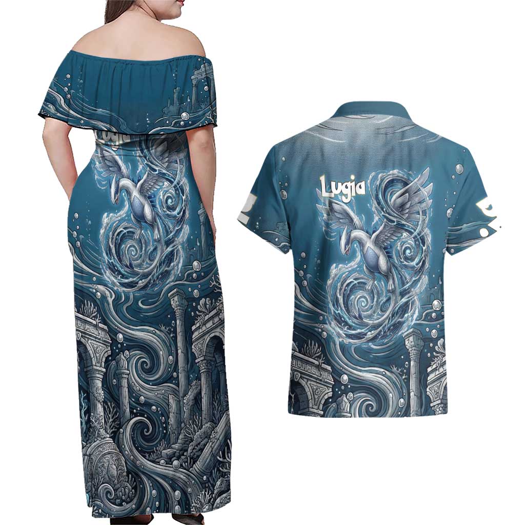 Lugia Legendary Couples Matching Off Shoulder Maxi Dress and Hawaiian Shirt Lugia in the Lost Underwater Temple