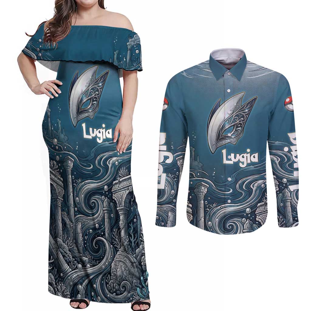 Lugia Legendary Couples Matching Off Shoulder Maxi Dress and Long Sleeve Button Shirt Lugia in the Lost Underwater Temple