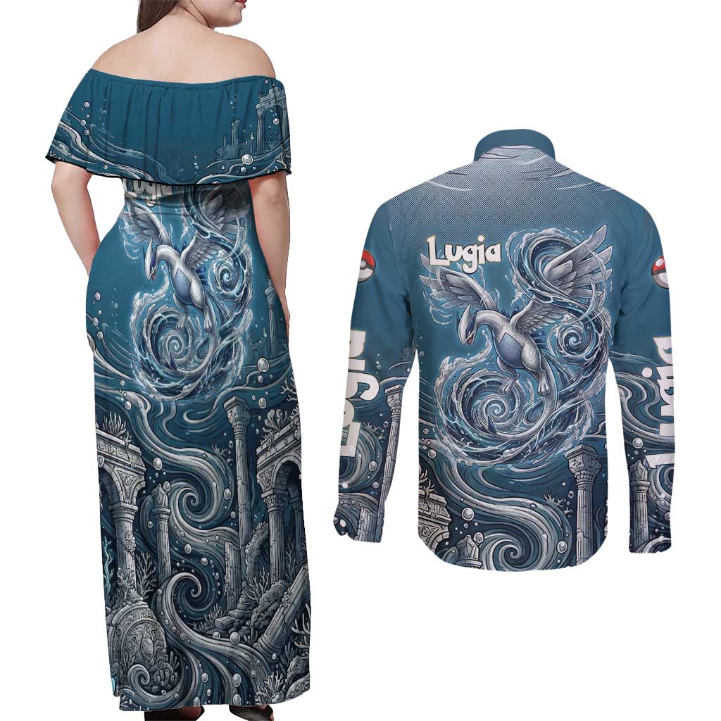 Lugia Legendary Couples Matching Off Shoulder Maxi Dress and Long Sleeve Button Shirt Lugia in the Lost Underwater Temple