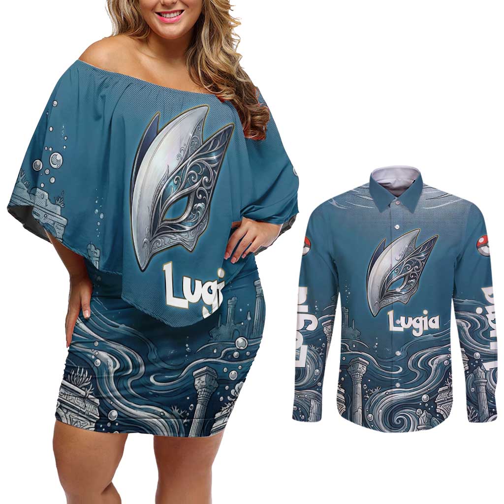 Lugia Legendary Couples Matching Off Shoulder Short Dress and Long Sleeve Button Shirt Lugia in the Lost Underwater Temple