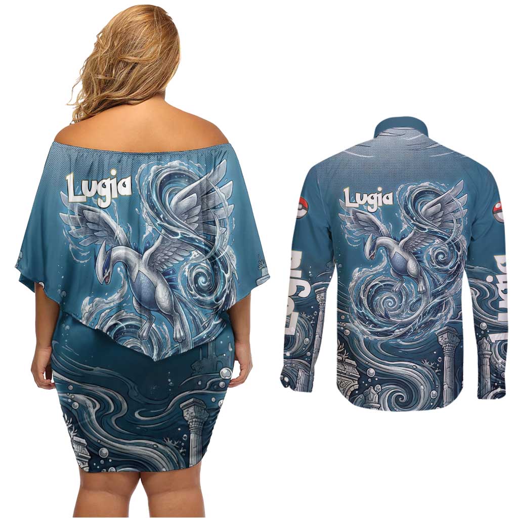 Lugia Legendary Couples Matching Off Shoulder Short Dress and Long Sleeve Button Shirt Lugia in the Lost Underwater Temple