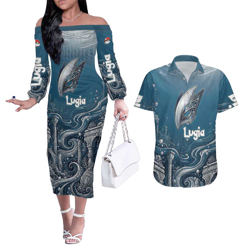 Lugia Legendary Couples Matching Off The Shoulder Long Sleeve Dress and Hawaiian Shirt Lugia in the Lost Underwater Temple