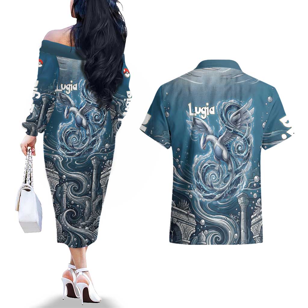 Lugia Legendary Couples Matching Off The Shoulder Long Sleeve Dress and Hawaiian Shirt Lugia in the Lost Underwater Temple