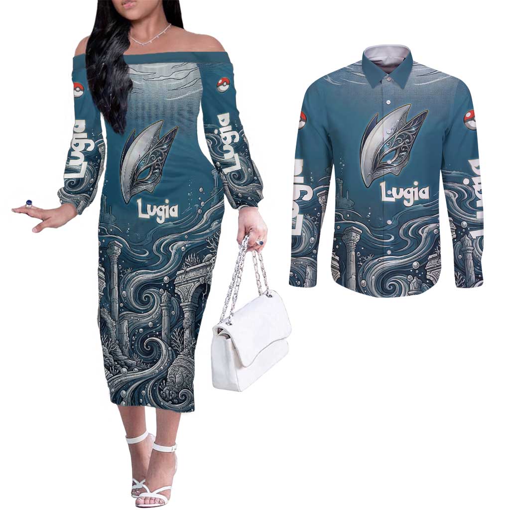 Lugia Legendary Couples Matching Off The Shoulder Long Sleeve Dress and Long Sleeve Button Shirt Lugia in the Lost Underwater Temple
