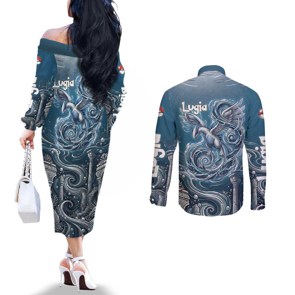 Lugia Legendary Couples Matching Off The Shoulder Long Sleeve Dress and Long Sleeve Button Shirt Lugia in the Lost Underwater Temple