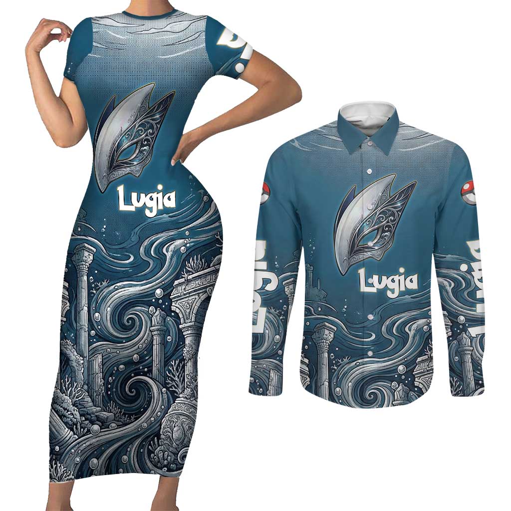 Lugia Legendary Couples Matching Short Sleeve Bodycon Dress and Long Sleeve Button Shirt Lugia in the Lost Underwater Temple