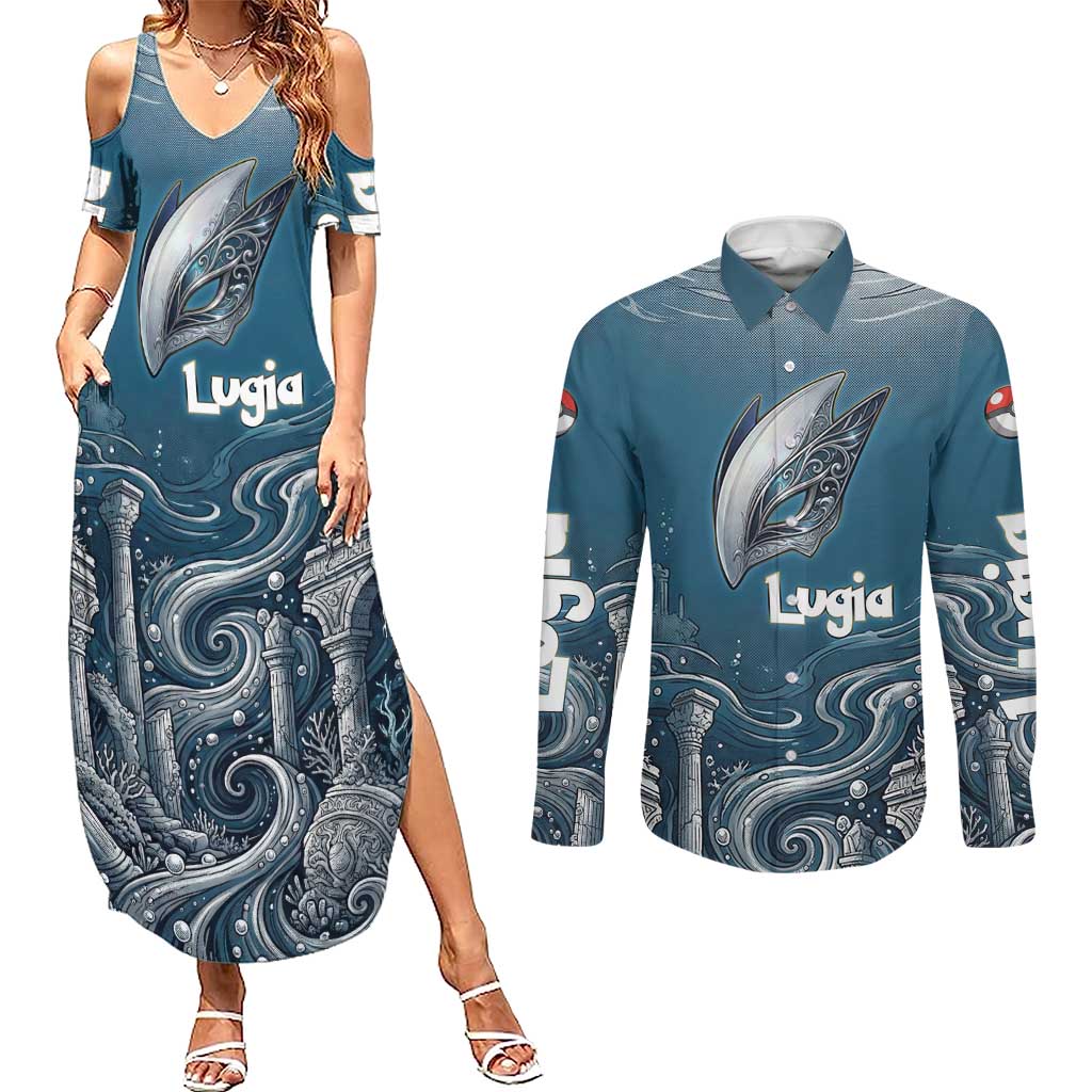 Lugia Legendary Couples Matching Summer Maxi Dress and Long Sleeve Button Shirt Lugia in the Lost Underwater Temple