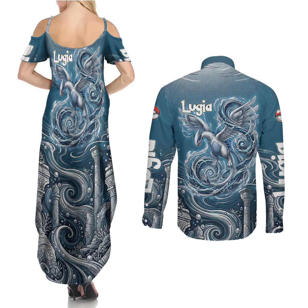 Lugia Legendary Couples Matching Summer Maxi Dress and Long Sleeve Button Shirt Lugia in the Lost Underwater Temple