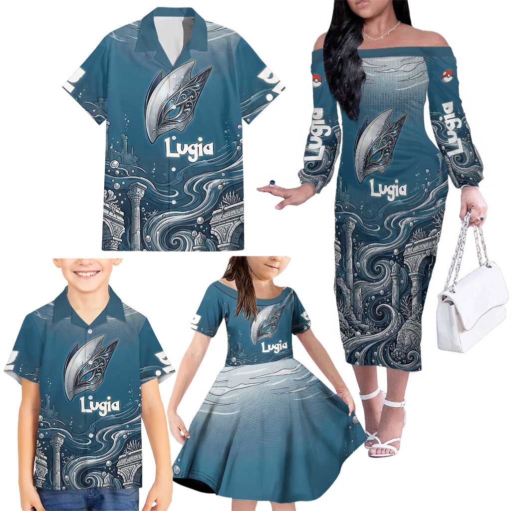 Lugia Legendary Family Matching Off The Shoulder Long Sleeve Dress and Hawaiian Shirt Lugia in the Lost Underwater Temple