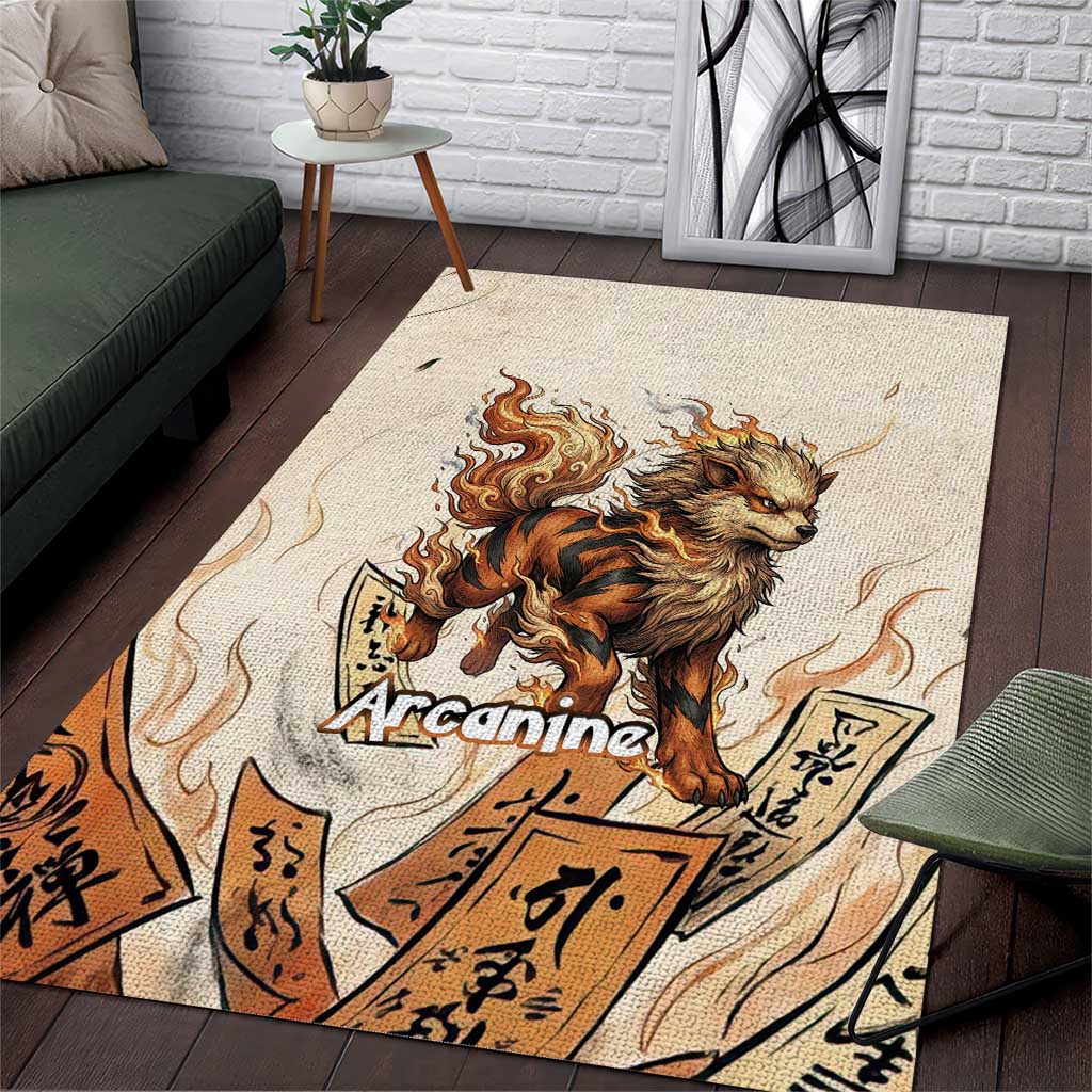 Arcanine Area Rug Japanese Spell Tag Fire Art