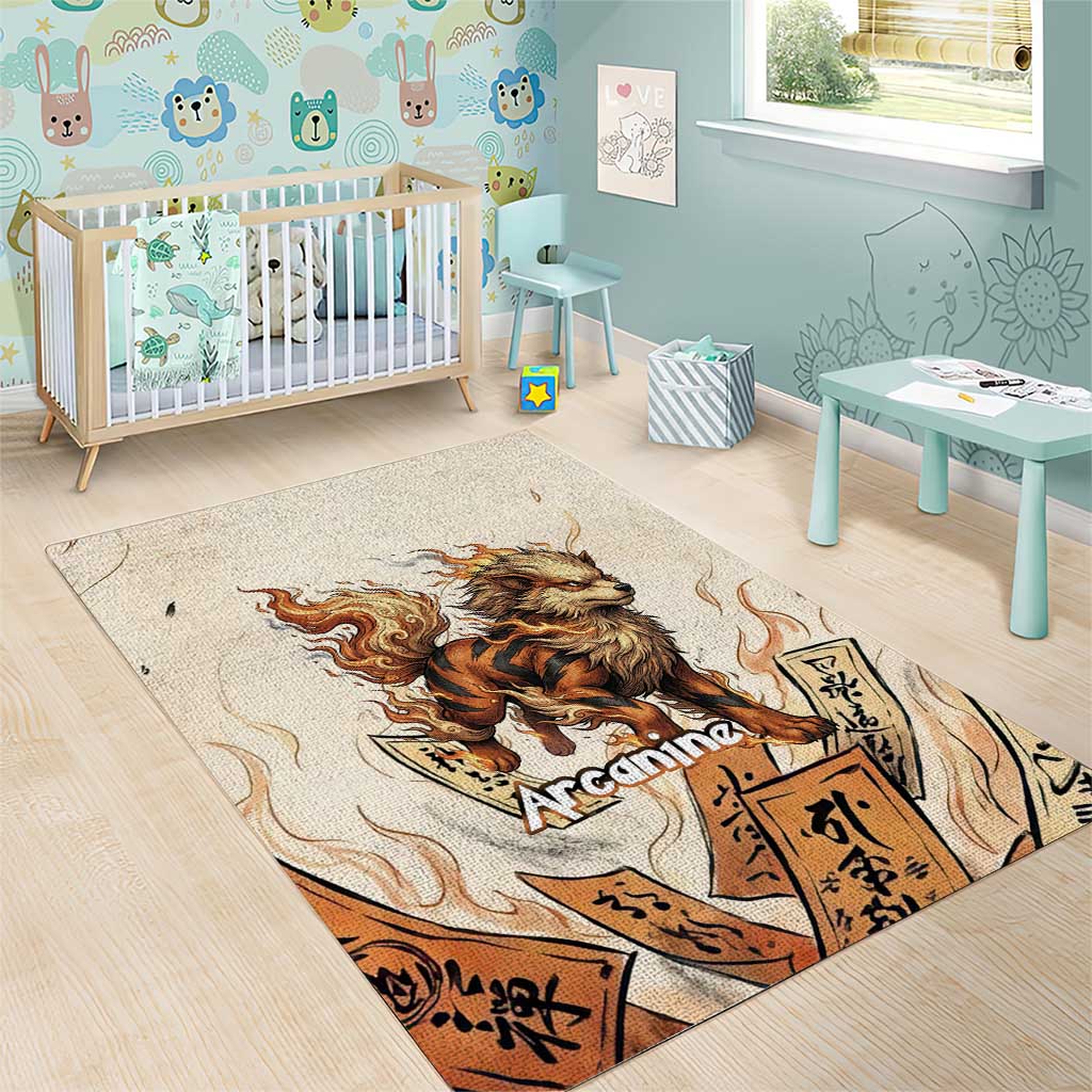 Arcanine Area Rug Japanese Spell Tag Fire Art