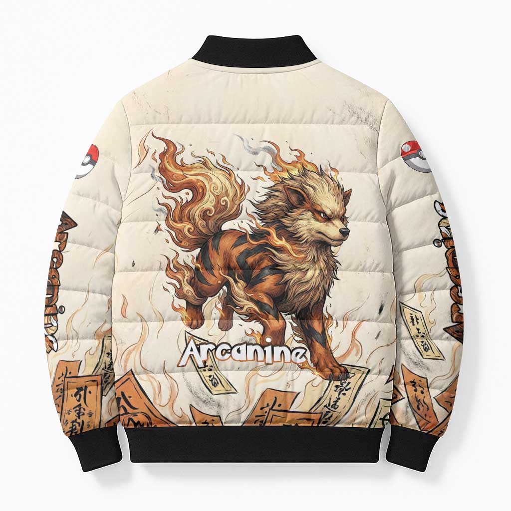 Arcanine Bomber Puffer Jacket Japanese Spell Tag Fire Art