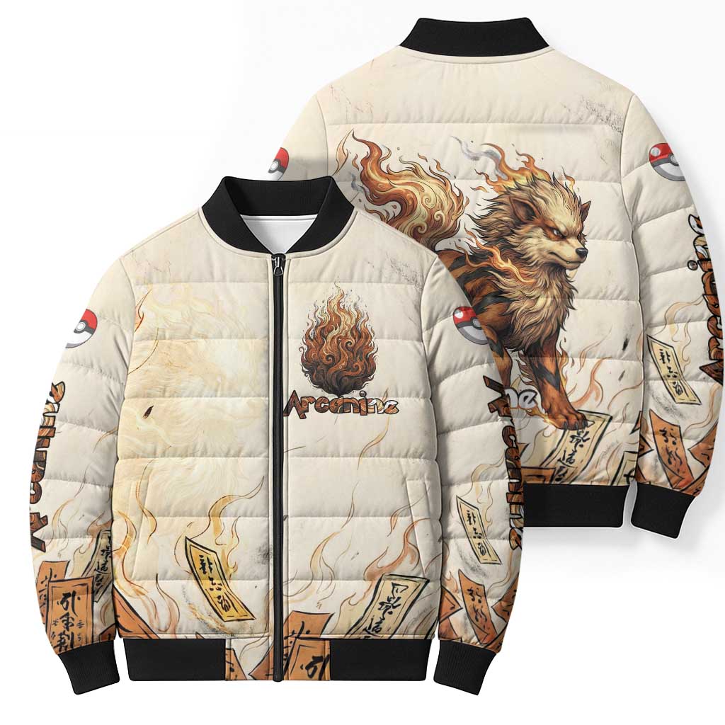 Arcanine Bomber Puffer Jacket Japanese Spell Tag Fire Art