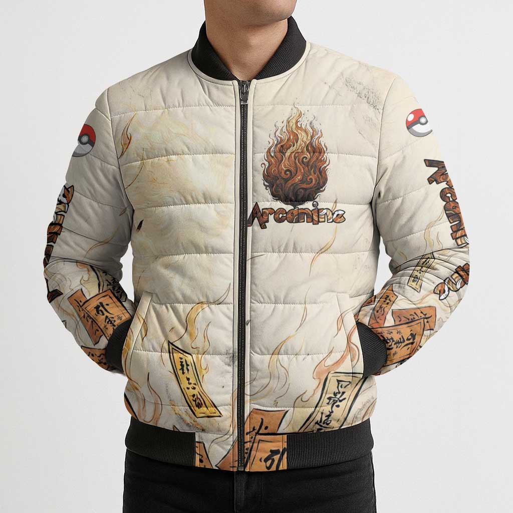 Arcanine Bomber Puffer Jacket Japanese Spell Tag Fire Art