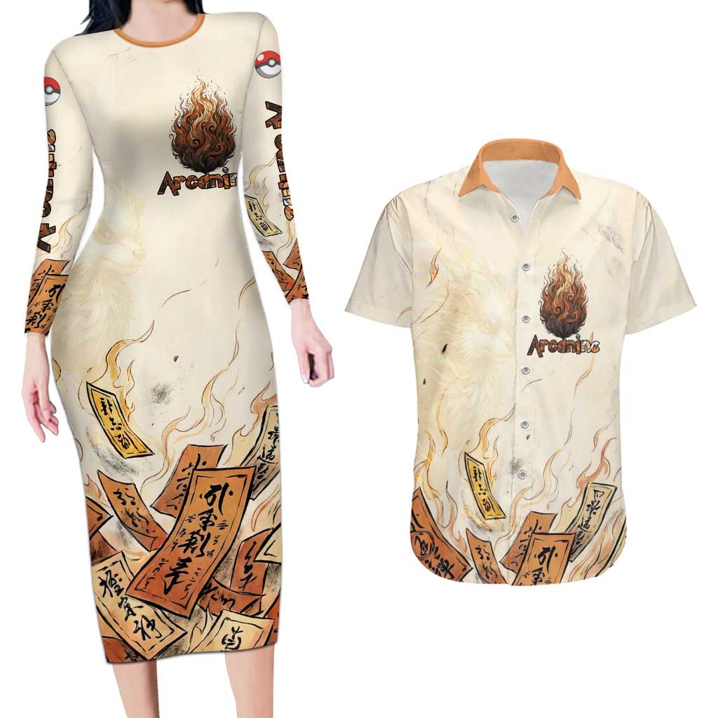 Arcanine Couples Matching Long Sleeve Bodycon Dress and Hawaiian Shirt Japanese Spell Tag Fire Art