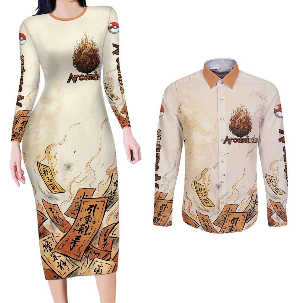 Arcanine Couples Matching Long Sleeve Bodycon Dress and Long Sleeve Button Shirt Japanese Spell Tag Fire Art