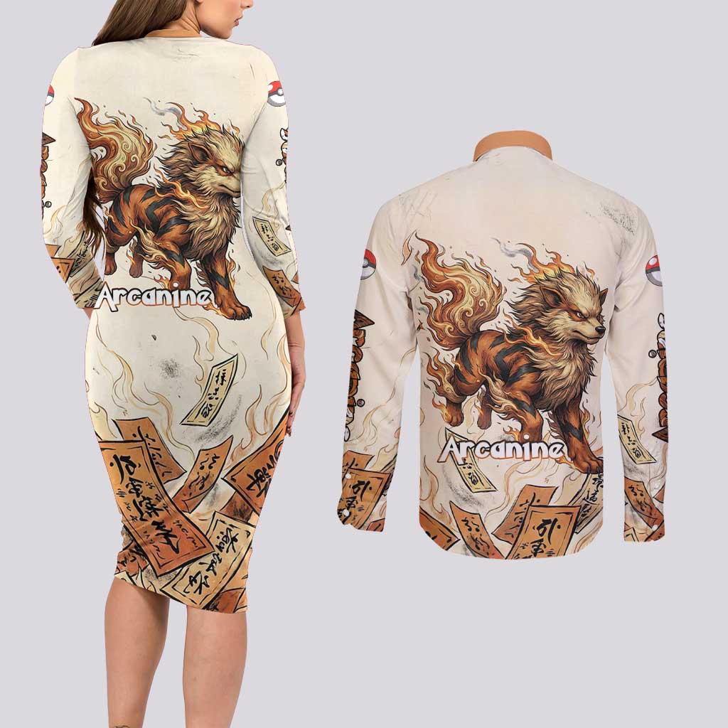 Arcanine Couples Matching Long Sleeve Bodycon Dress and Long Sleeve Button Shirt Japanese Spell Tag Fire Art