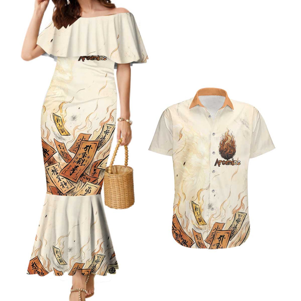 Arcanine Couples Matching Mermaid Dress and Hawaiian Shirt Japanese Spell Tag Fire Art