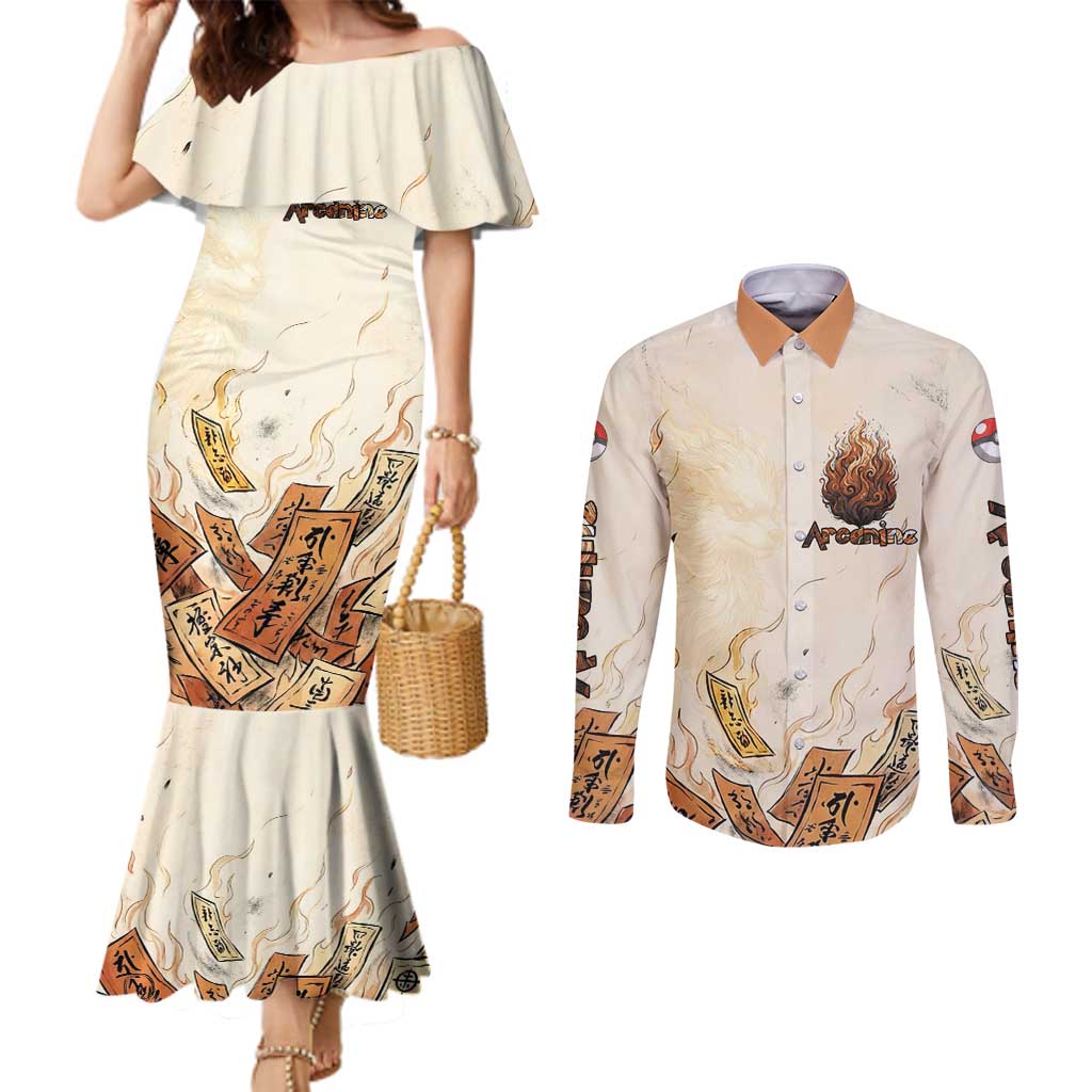 Arcanine Couples Matching Mermaid Dress and Long Sleeve Button Shirt Japanese Spell Tag Fire Art