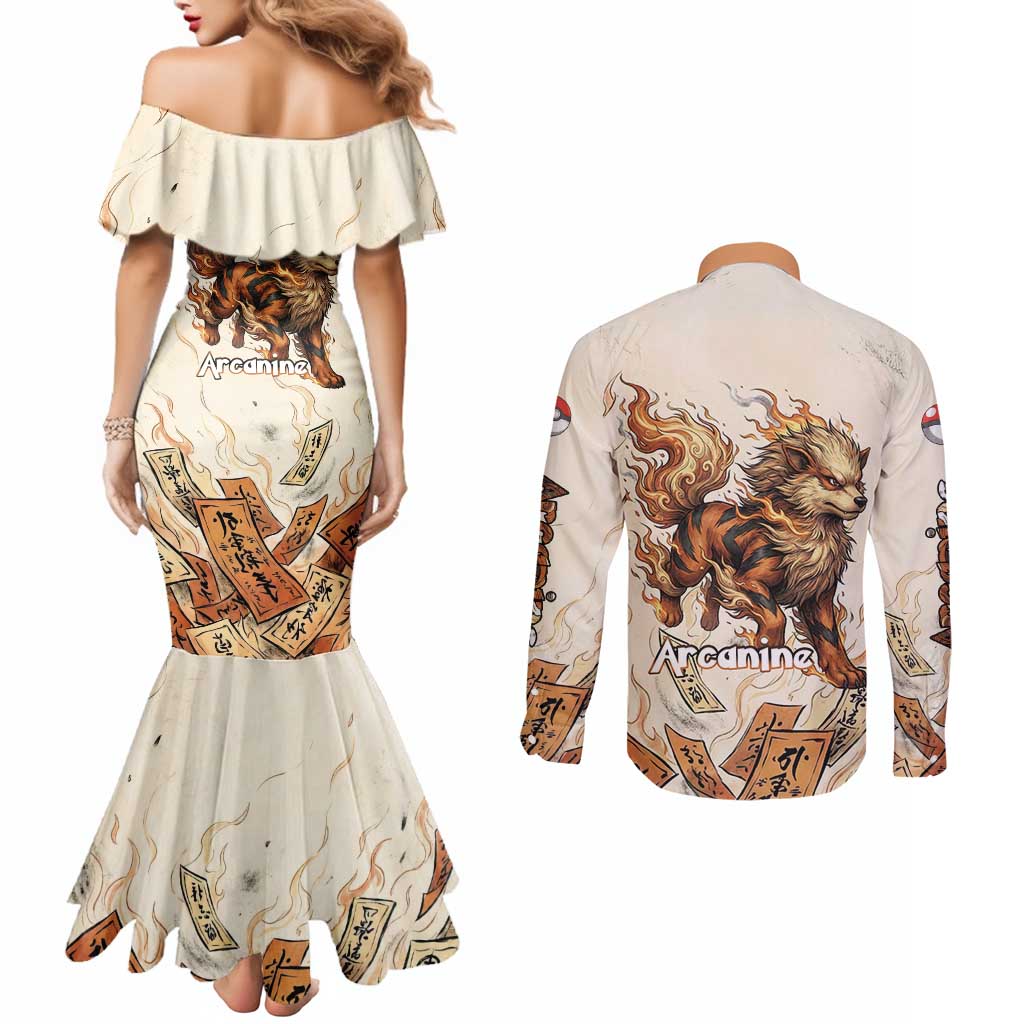 Arcanine Couples Matching Mermaid Dress and Long Sleeve Button Shirt Japanese Spell Tag Fire Art