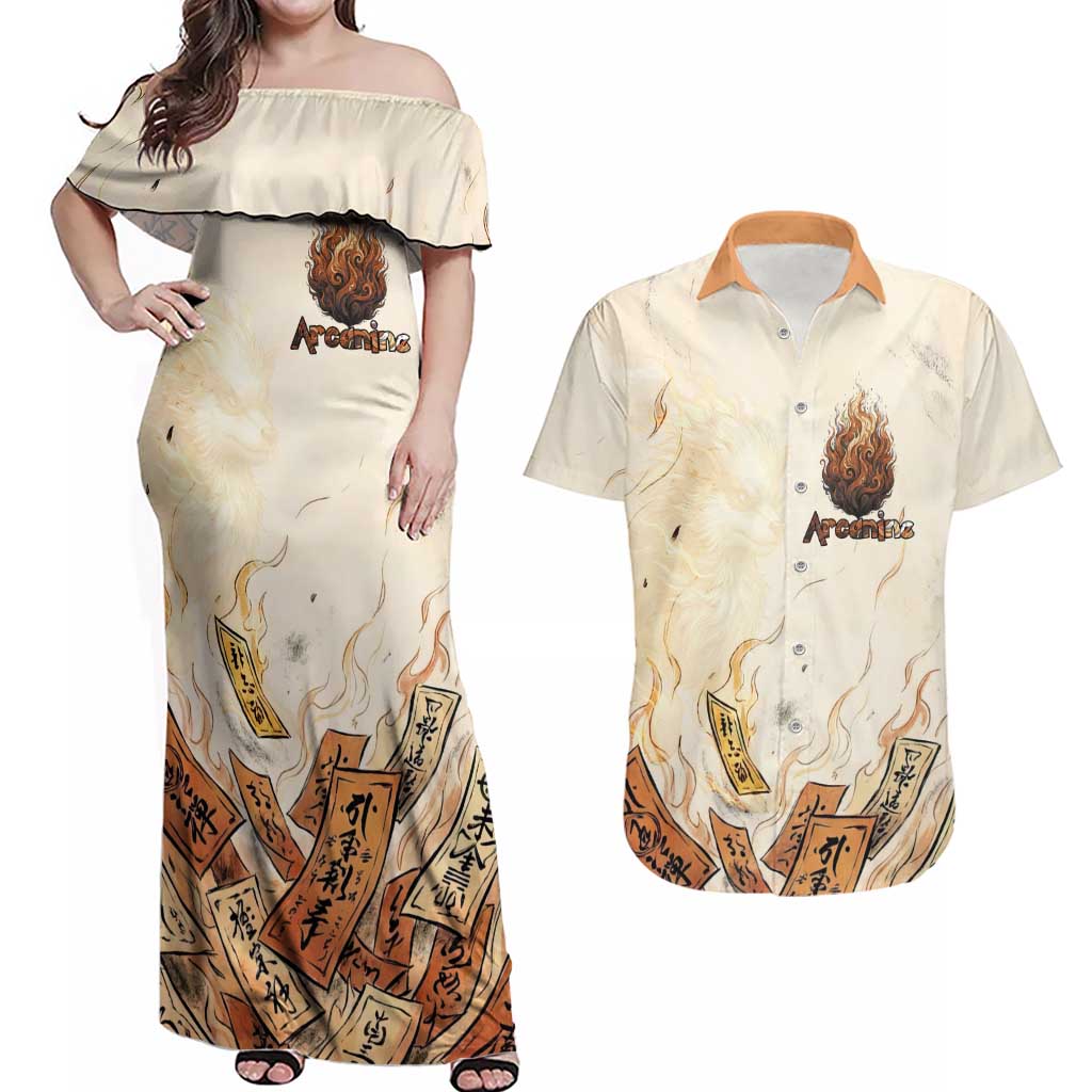 Arcanine Couples Matching Off Shoulder Maxi Dress and Hawaiian Shirt Japanese Spell Tag Fire Art