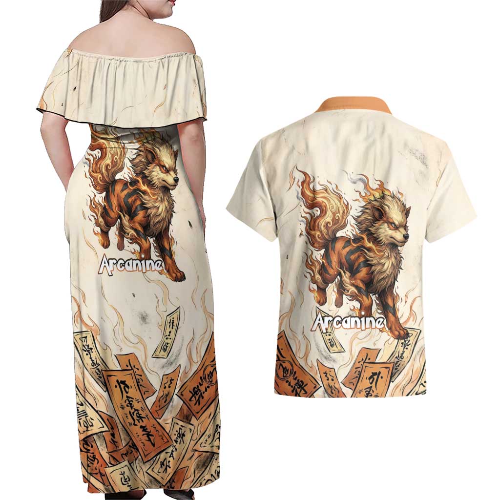 Arcanine Couples Matching Off Shoulder Maxi Dress and Hawaiian Shirt Japanese Spell Tag Fire Art