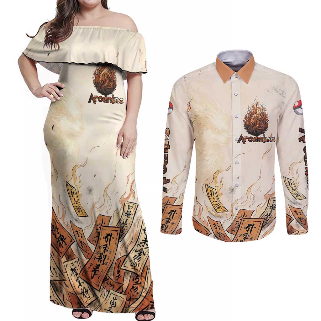 Arcanine Couples Matching Off Shoulder Maxi Dress and Long Sleeve Button Shirt Japanese Spell Tag Fire Art