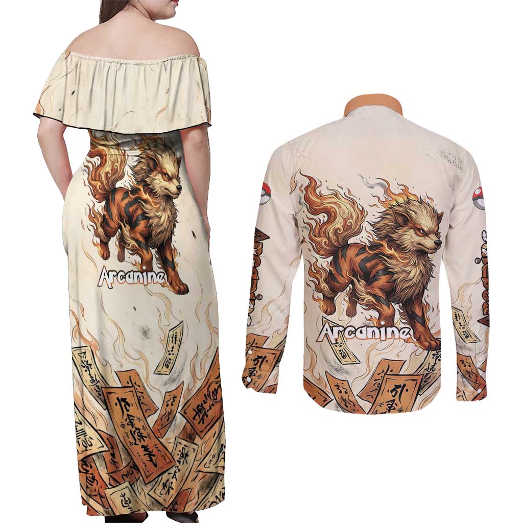 Arcanine Couples Matching Off Shoulder Maxi Dress and Long Sleeve Button Shirt Japanese Spell Tag Fire Art