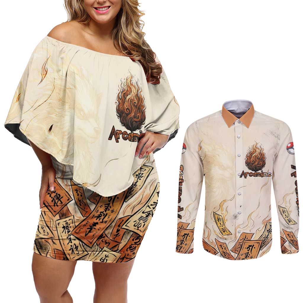 Arcanine Couples Matching Off Shoulder Short Dress and Long Sleeve Button Shirt Japanese Spell Tag Fire Art