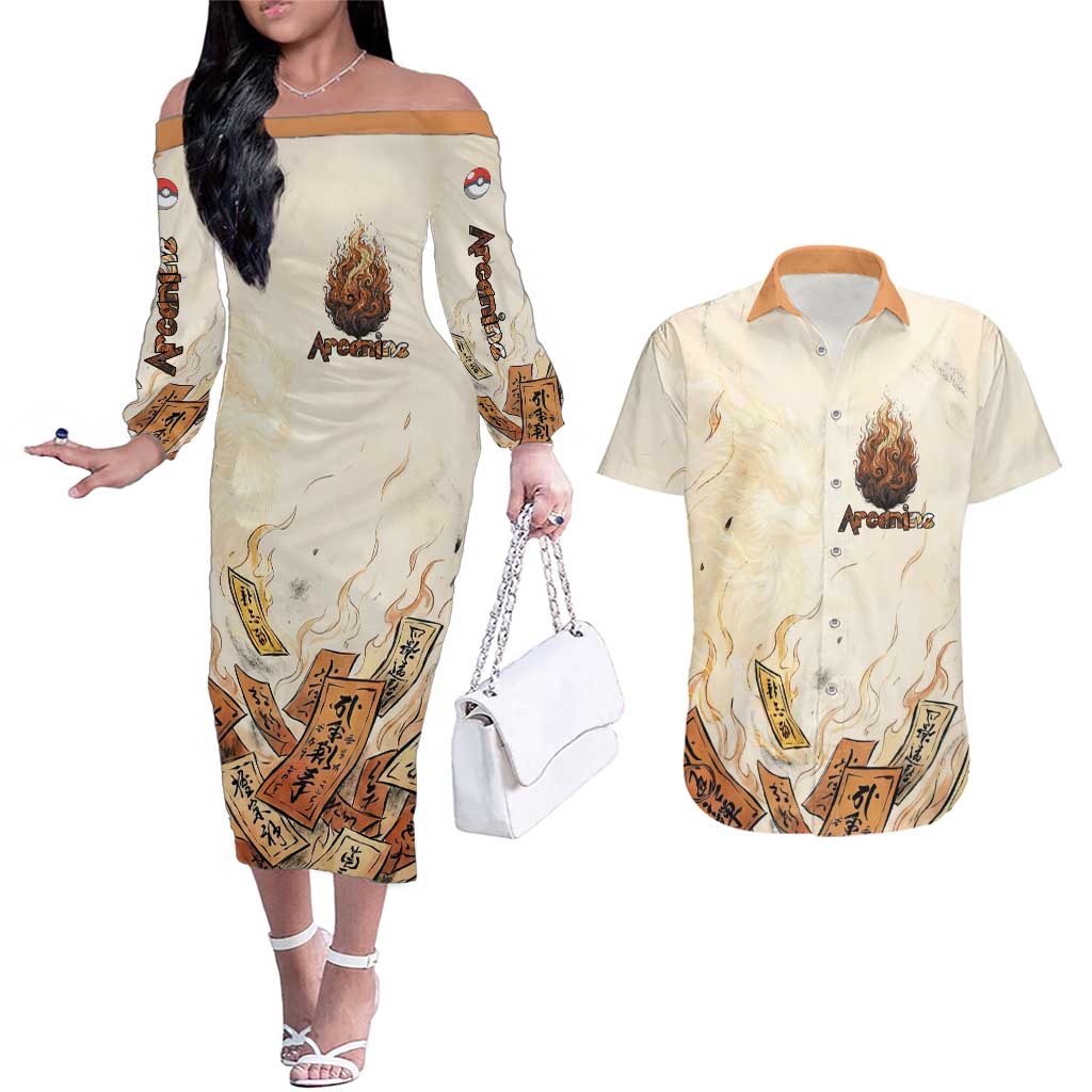 Arcanine Couples Matching Off The Shoulder Long Sleeve Dress and Hawaiian Shirt Japanese Spell Tag Fire Art