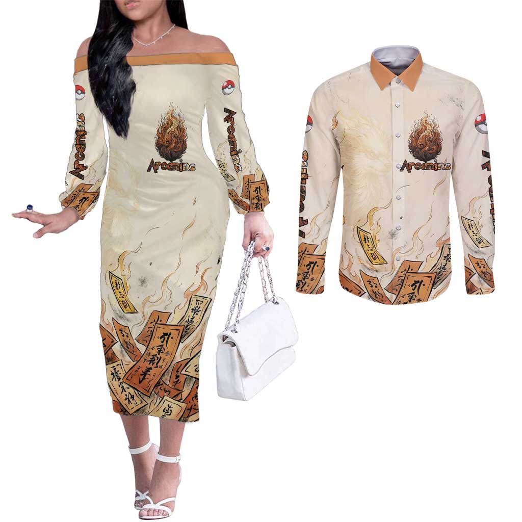 Arcanine Couples Matching Off The Shoulder Long Sleeve Dress and Long Sleeve Button Shirt Japanese Spell Tag Fire Art