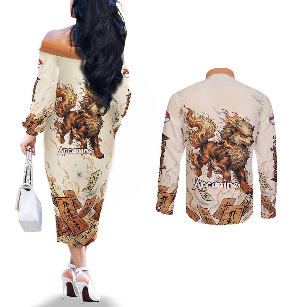 Arcanine Couples Matching Off The Shoulder Long Sleeve Dress and Long Sleeve Button Shirt Japanese Spell Tag Fire Art