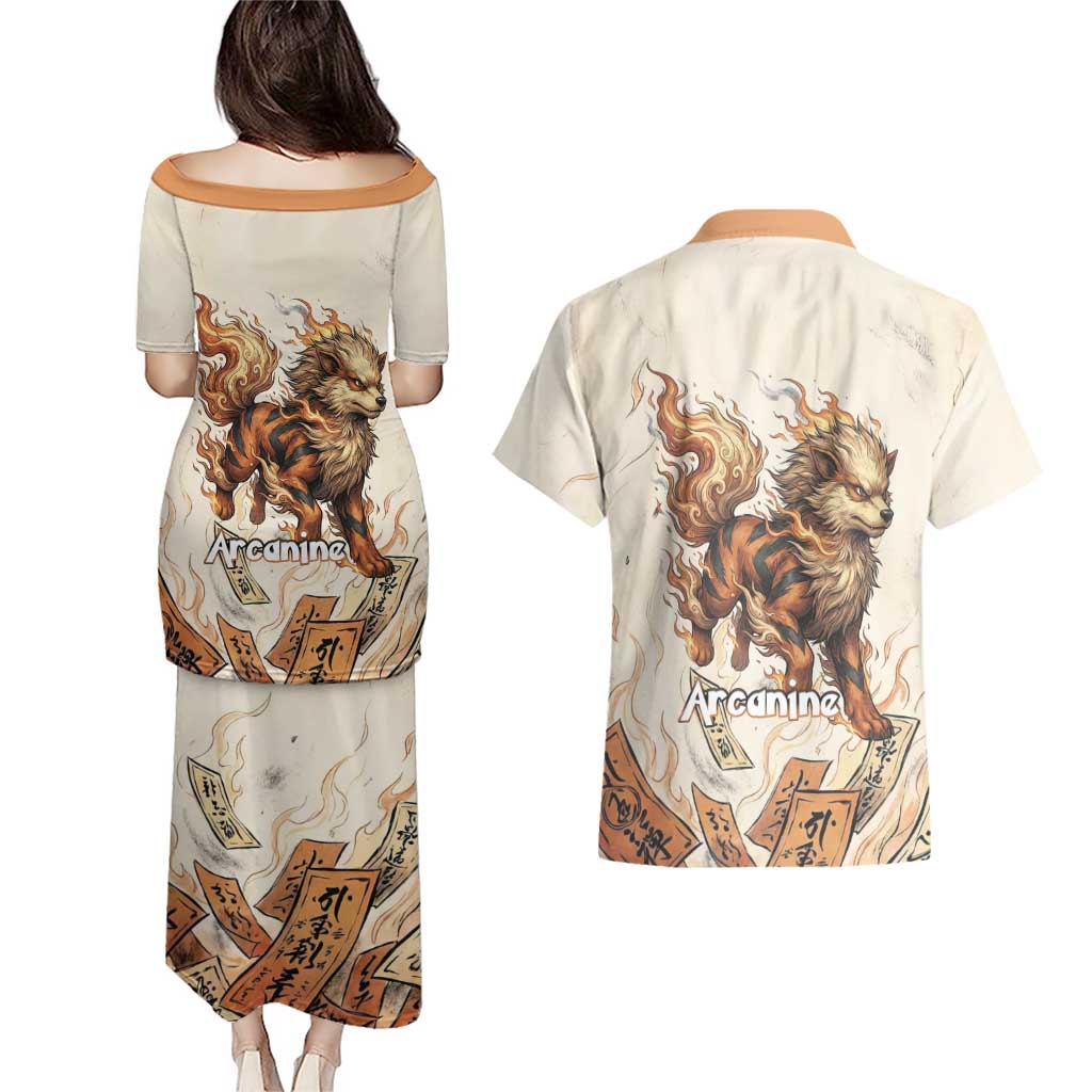 Arcanine Couples Matching Puletasi and Hawaiian Shirt Japanese Spell Tag Fire Art