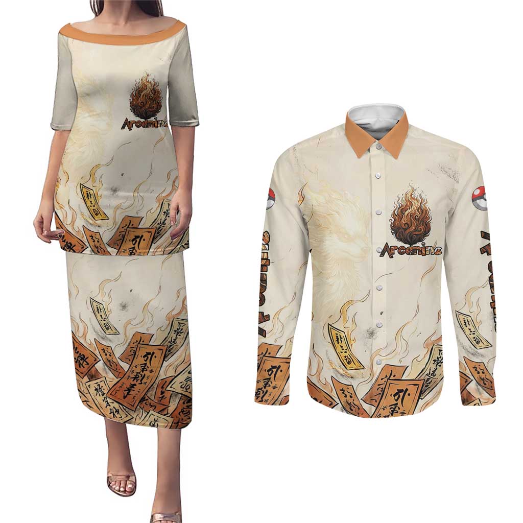 Arcanine Couples Matching Puletasi and Long Sleeve Button Shirt Japanese Spell Tag Fire Art