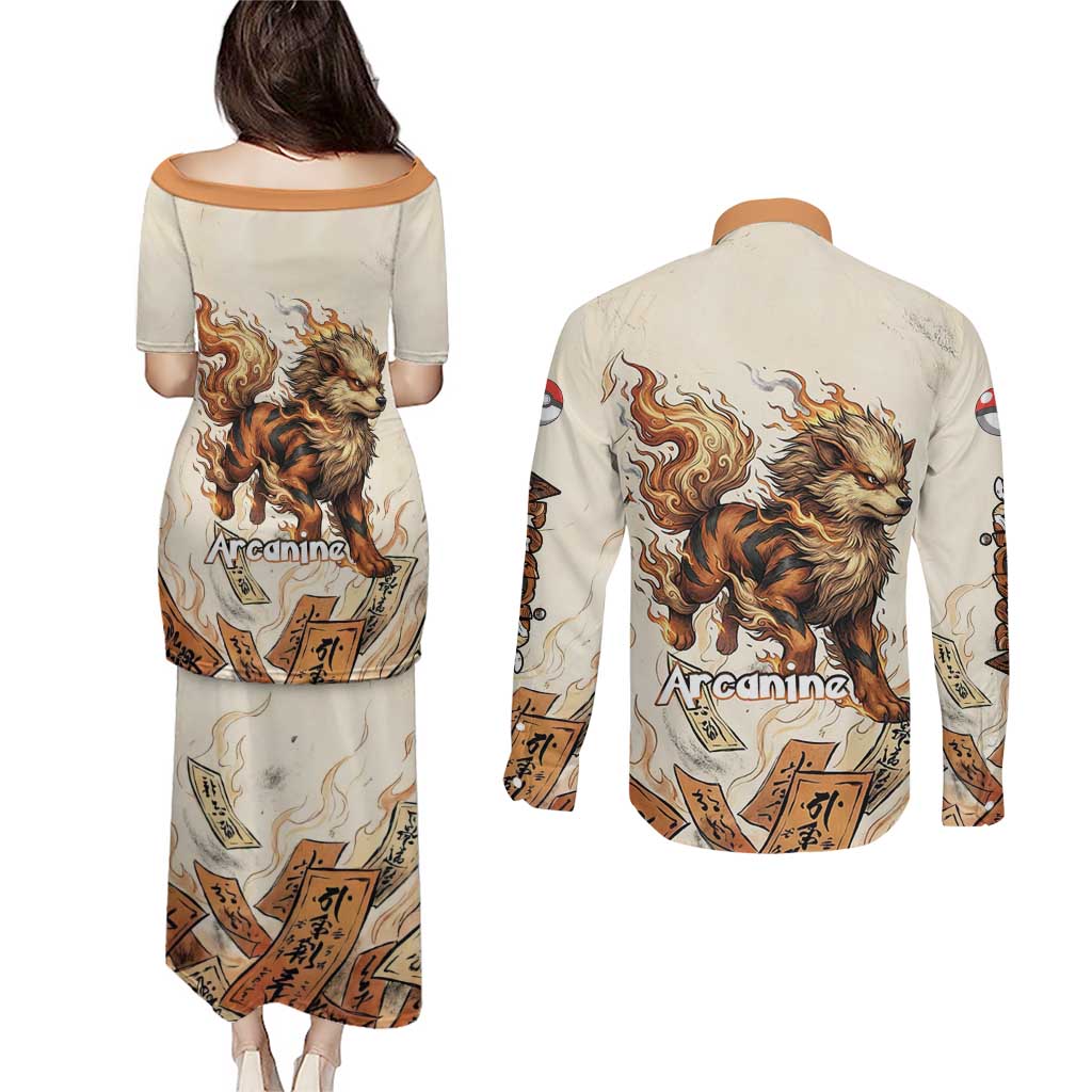 Arcanine Couples Matching Puletasi and Long Sleeve Button Shirt Japanese Spell Tag Fire Art