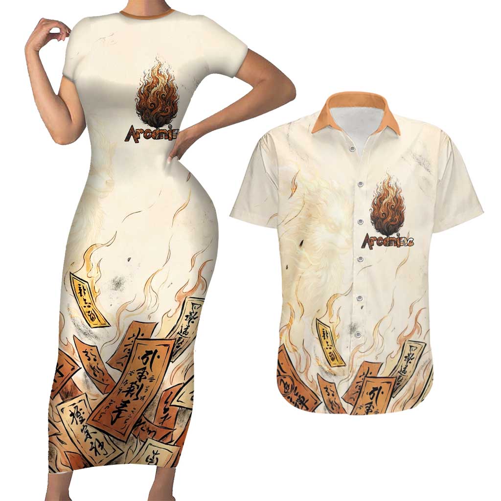 Arcanine Couples Matching Short Sleeve Bodycon Dress and Hawaiian Shirt Japanese Spell Tag Fire Art