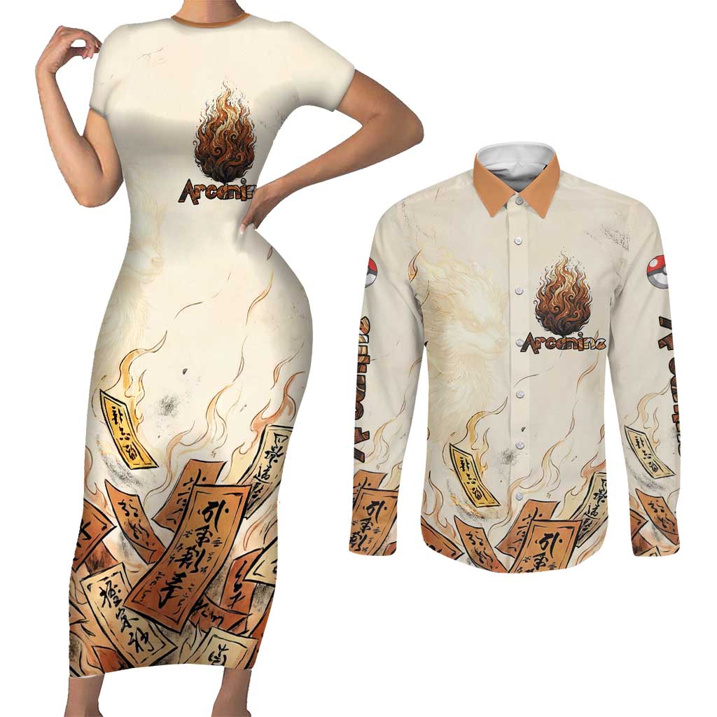 Arcanine Couples Matching Short Sleeve Bodycon Dress and Long Sleeve Button Shirt Japanese Spell Tag Fire Art