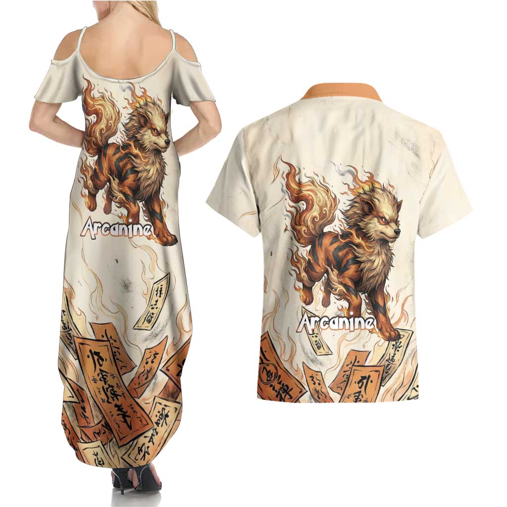 Arcanine Couples Matching Summer Maxi Dress and Hawaiian Shirt Japanese Spell Tag Fire Art