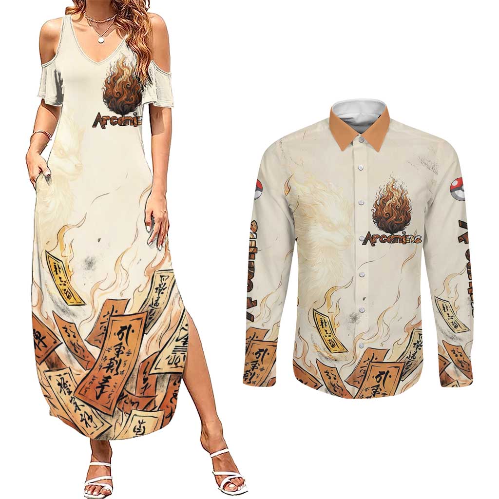 Arcanine Couples Matching Summer Maxi Dress and Long Sleeve Button Shirt Japanese Spell Tag Fire Art
