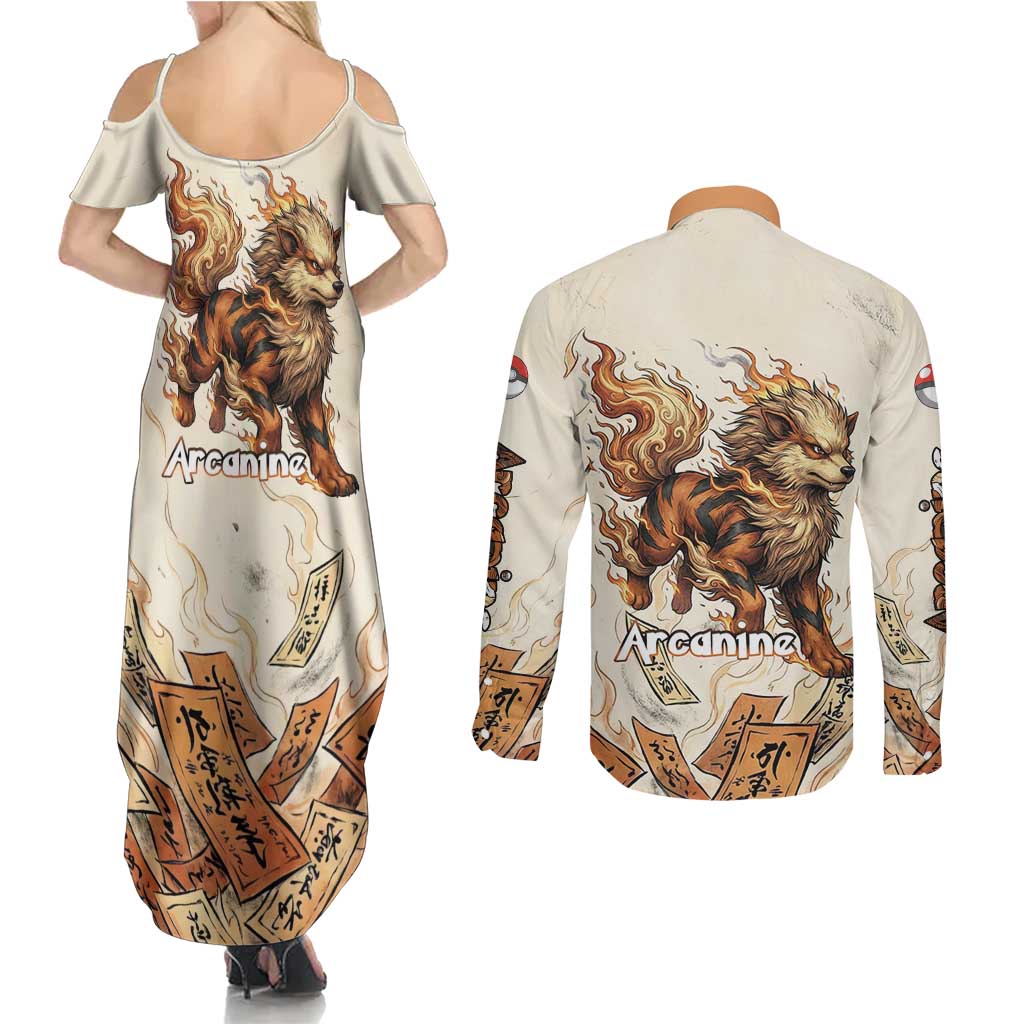 Arcanine Couples Matching Summer Maxi Dress and Long Sleeve Button Shirt Japanese Spell Tag Fire Art