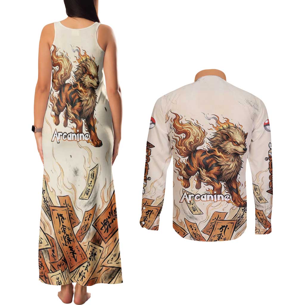 Arcanine Couples Matching Tank Maxi Dress and Long Sleeve Button Shirt Japanese Spell Tag Fire Art