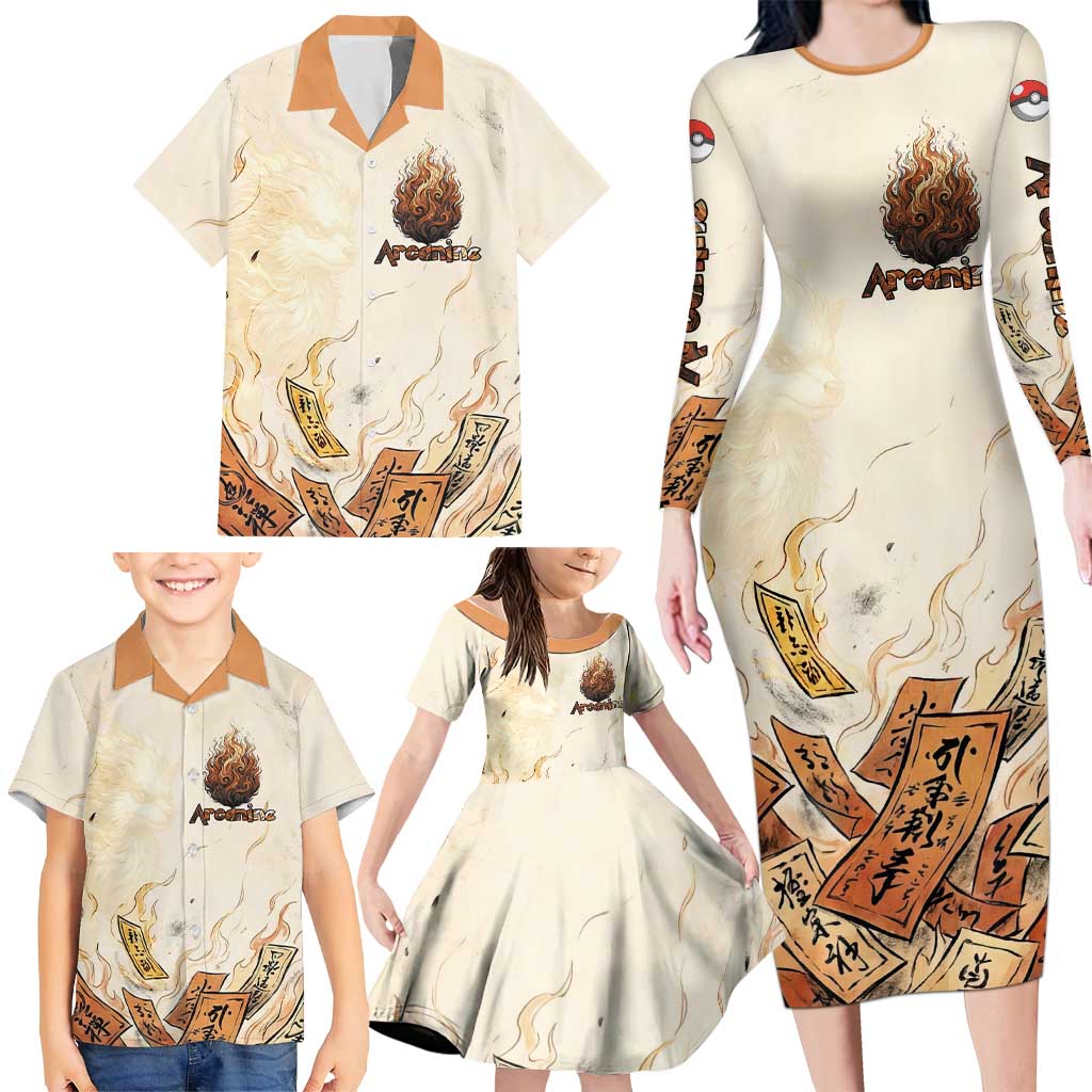 Arcanine Family Matching Long Sleeve Bodycon Dress and Hawaiian Shirt Japanese Spell Tag Fire Art