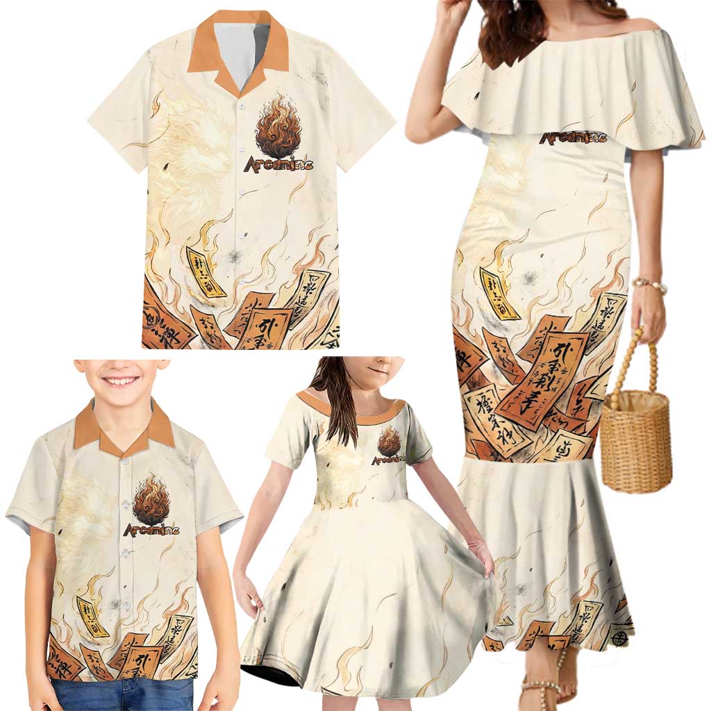 Arcanine Family Matching Mermaid Dress and Hawaiian Shirt Japanese Spell Tag Fire Art