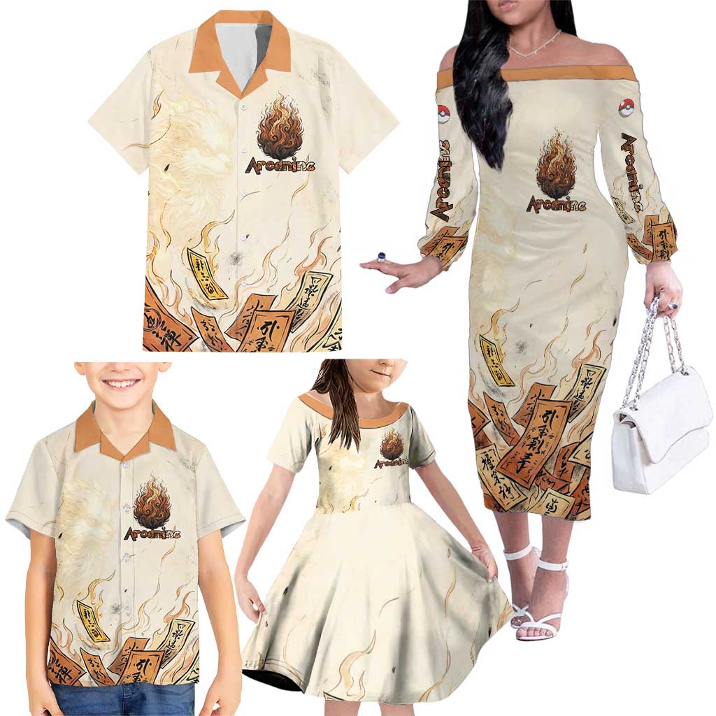 Arcanine Family Matching Off The Shoulder Long Sleeve Dress and Hawaiian Shirt Japanese Spell Tag Fire Art