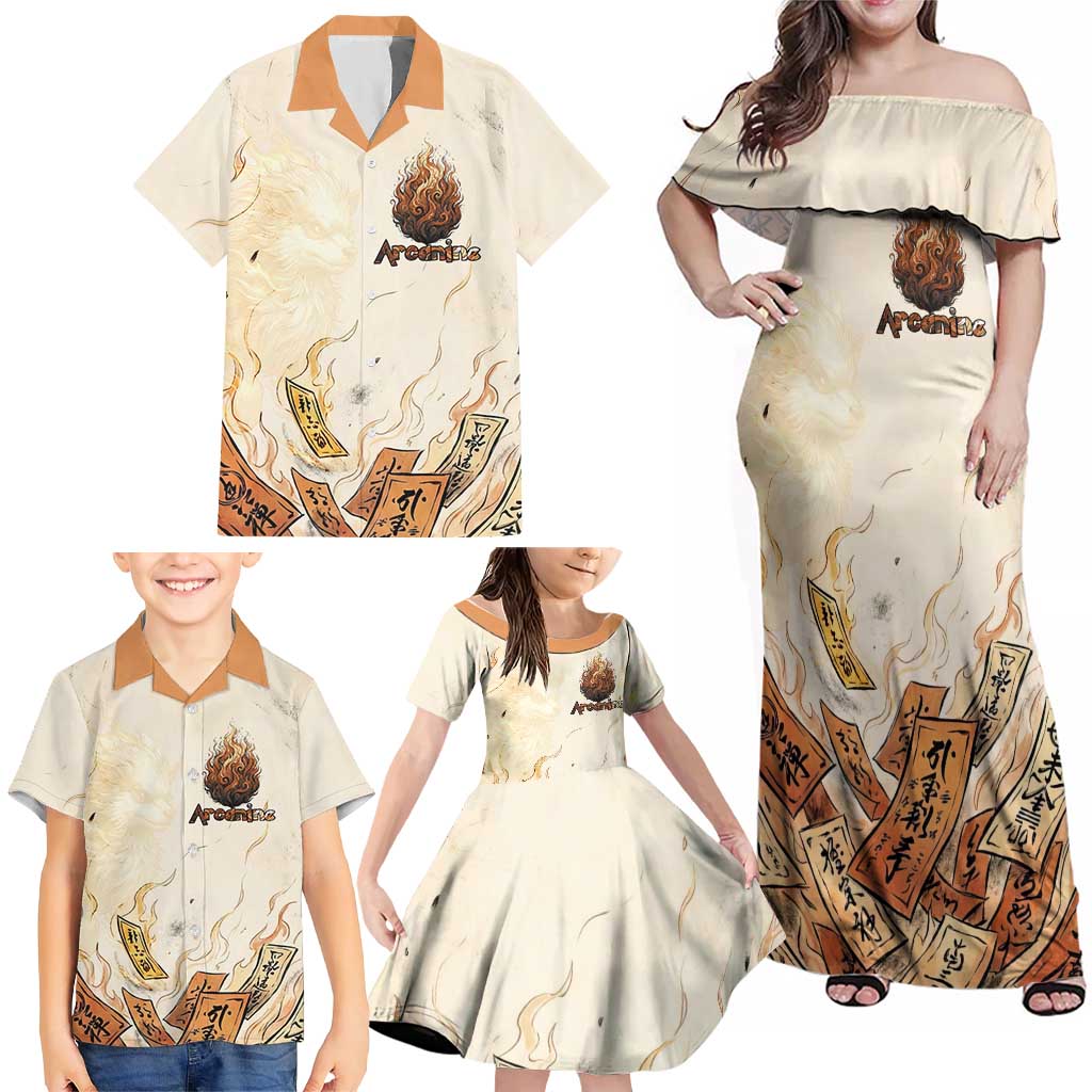 Arcanine Family Matching Off Shoulder Maxi Dress and Hawaiian Shirt Japanese Spell Tag Fire Art