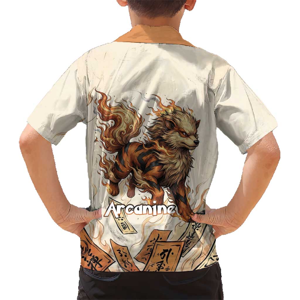 Arcanine Family Matching Off Shoulder Maxi Dress and Hawaiian Shirt Japanese Spell Tag Fire Art