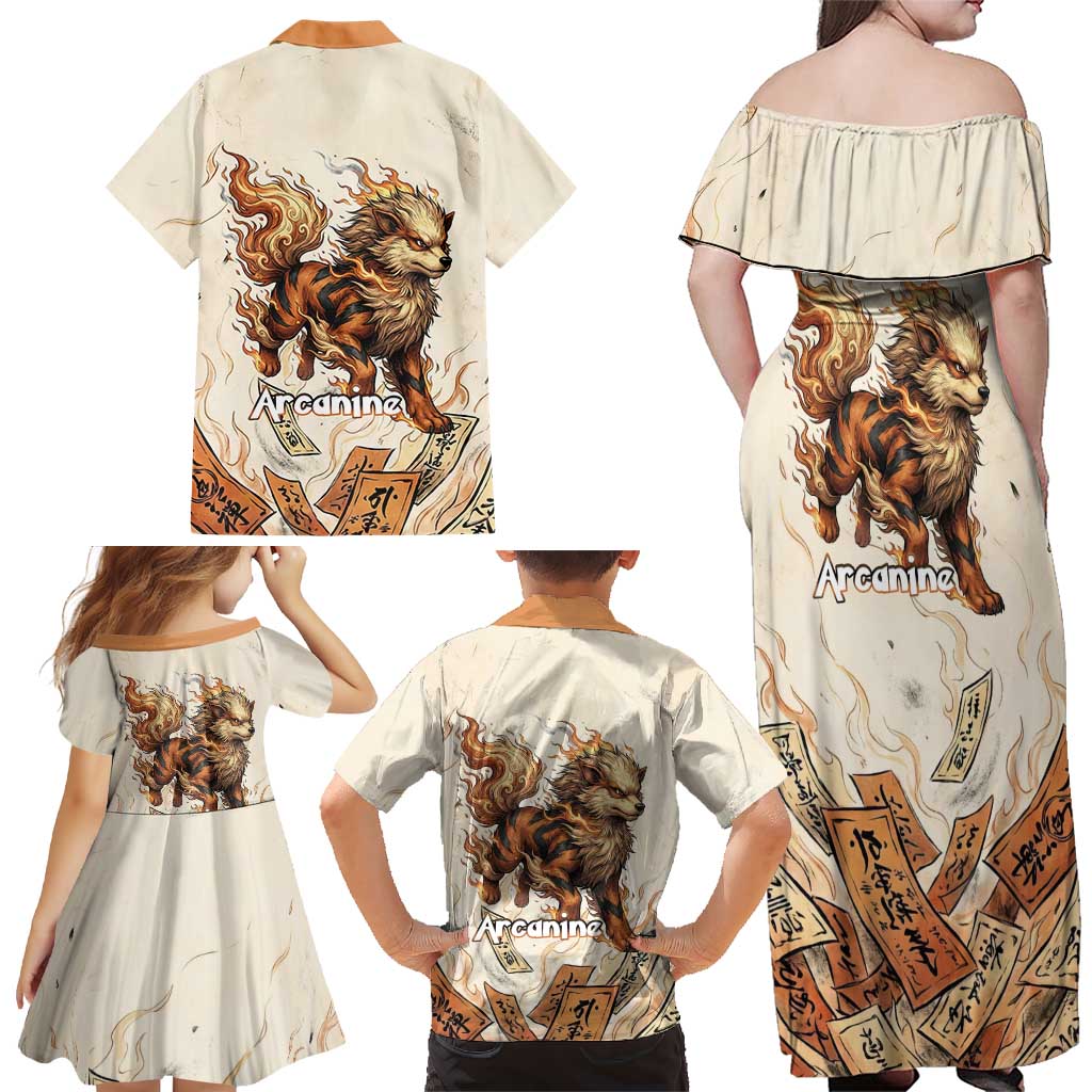 Arcanine Family Matching Off Shoulder Maxi Dress and Hawaiian Shirt Japanese Spell Tag Fire Art