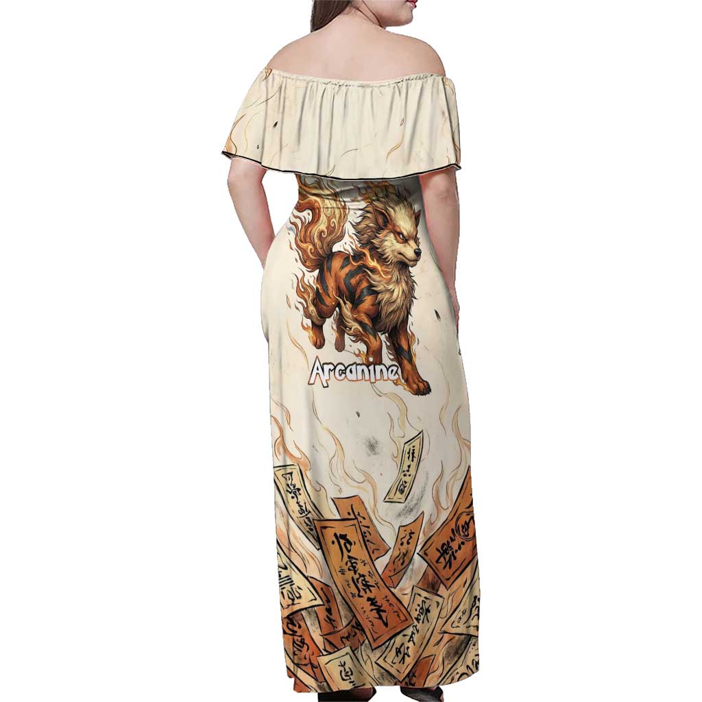 Arcanine Family Matching Off Shoulder Maxi Dress and Hawaiian Shirt Japanese Spell Tag Fire Art